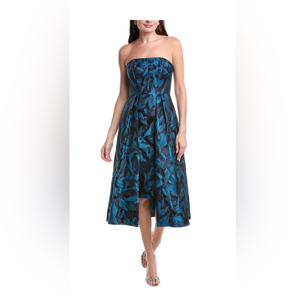 Aidan Mattox Teal and Black Leaf Midi Dress